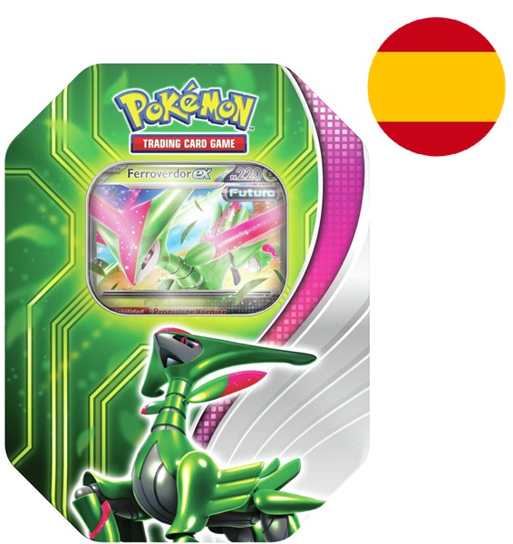 Pokemon Tin Kasse <b>SPANSK/SPANISH</b> - 2024 Wave 2 Spring: Iron Leaves ex (Future Virizion) - Paradox Clash Collector's Tin Box (4 Boosters)