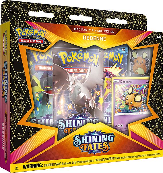 Pokemon Shining Fates - Mad Party Pin Collection: Dedenne - 3 Boosters, Promo & Pin