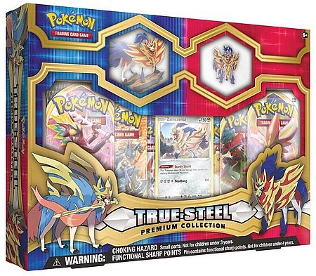 Pokemon Box: True Steel Premium Figure and Pin Collection: Zamazenta - 6 Boosters, Promokort, Figur og Pin!